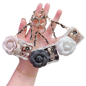 TG-2675 Mini Bag <b>Keyring</b> Coin Purse Bling Crystal Rhinestone Keychain Pendant Bag Shape Key Chain Camellia Flower Keychain - Product Image 1