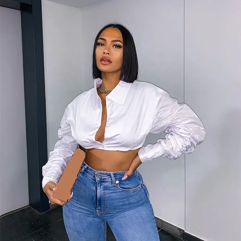 latest long stacked sleeve crop tops white color shirt women fashion design lady blouse 2022