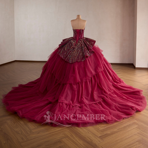 Vestido de Quinceañera Rojo Rsm261051 para Mujer, Estilo Princesa con Escote Corazón, Sin Mangas, Espalda con Cordones y Lentejuelas, Jancember - Product Image 5