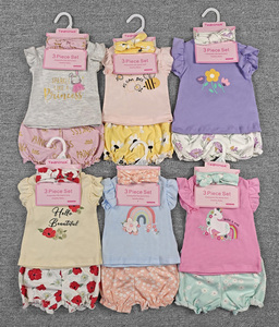 Conjuntos de Ropa de Verano para Bebés al por Mayor, 0-24 Meses, Juego de 3 Piezas con Diadema, Algodón, Estampado Floral, Estilo Europeo-Americano - Product Image 5
