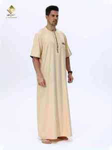 Al Haramain <b>Men's</b> Beige <b>Thobe</b> Round Neck Short Sleeve Floor Length Cotton Prayer Robe Middle East Style Casual Wear - Product Image 3