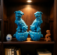 Paire de chiens Foo en céramique, glaçure bleue chinoise, décoration de maison, ornement en porcelaine