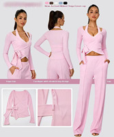 GH Outdoor Fashion Gym Fitness Clothing Deep V  Long Sleeve Crop Top Halter Neck Bra Loose Pants Sports Suit New Ribbed Yoga Set
