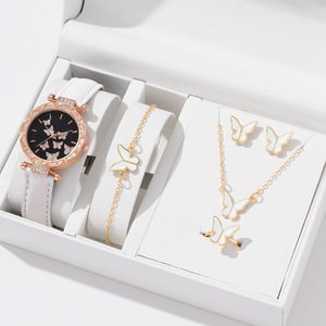 Ensemble de bijoux plaqué or pour femmes, 5 pièces, montre, bague, collier, boucles d'oreilles, bracelet, sans boîte - Product Image 2