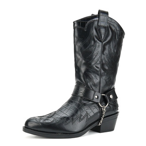 Botas de media pantorrilla de cuero estilo western con punta redonda, correa con hebilla, suela de goma antideslizante, entresuela de EVA, color sólido, para todas las estaciones, venta al por mayor. - Product Image 4
