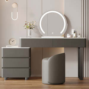 Ensemble de coiffeuse en bois blanc crème, coiffeuse <span class=keywords><strong>moderne</strong></span> en cuir avec miroir, design simple, <span class=keywords><strong>commode</strong></span> de rangement, idéal pour les adultes - Product Image 5
