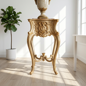 Table basse antique en teck massif sculpté à la main, dorée, mobile, légère et écologique - Product Image 3