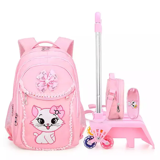 2023 Cartoon Pink Trolley Kinder rucksack Schult asche mit Rädern Kid Girls School Trolley Bag Rucksack für Mädchen