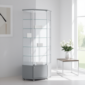 Vitrine d'angle avec cadre en aluminium 73x73x220cm gris clair avec verre trempé et étagères réglables - Product Image 3
