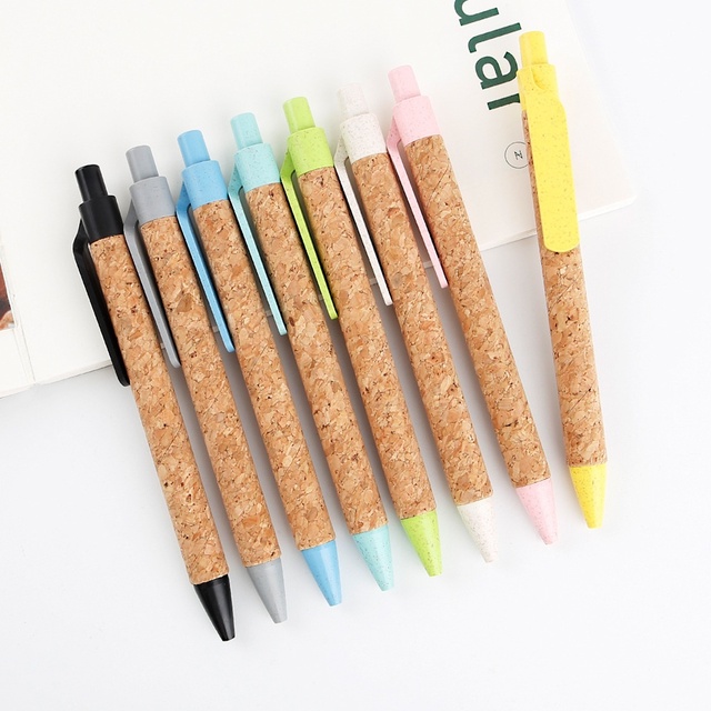 Eco-friendly Pressing Biodegradable Wheat Straw Pen Granular Paper Tube Cork Printing Advertising Ballpoint Pen