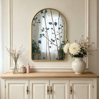 Miroir d'appoint élégant en métal doré, miroir mural décoratif avec motif floral bleu gravé pour la décoration intérieure de chambre et de salon