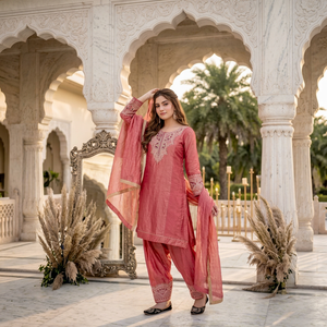 Women's Loose Solid Silk Satin Embroidered <b>Sequins</b> 3-Piece Kurta Palazzo Set Dupatta | Designer Indian Ethnic Party Wear Suit - Product Image 1