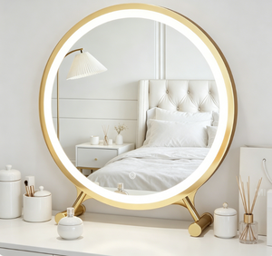 Round LED Mirror Desktop <b>Makeup</b> <b>Vanity</b> Mirror Metal Frame Lighted Touch Switch Modern Design Birthday Gift for Bedroom Hotel - Product Image 3