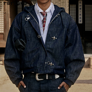 Giacche Retro da <span class=keywords><strong>Uomo</strong></span> in Denim con Cappuccio, Stile Vintage Giapponese, Bottoni Personalizzati, Effetto Invecchiato - Product Image 3