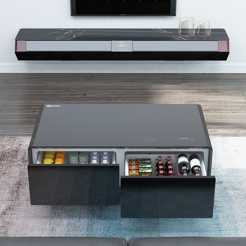 New arrival smart refrigerator coffee table fridge table with fridge blueteeth speakers usb chargers led touch screen