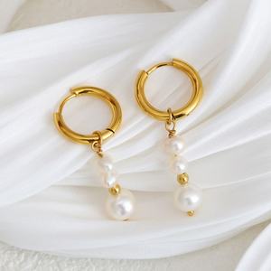 Joyería Fina de Lujo Vintage para Mujer, Aros de Acero Inoxidable Chapados en Oro con Perlas, Resistentes a la Decoloración, Venta al Por Mayor - Product Image 2