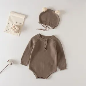 Newborn Knitted Bodysuit Infant Unisex Full Sleeve With Cute Hat Knit Jumper Set Baby Sweater Romper
