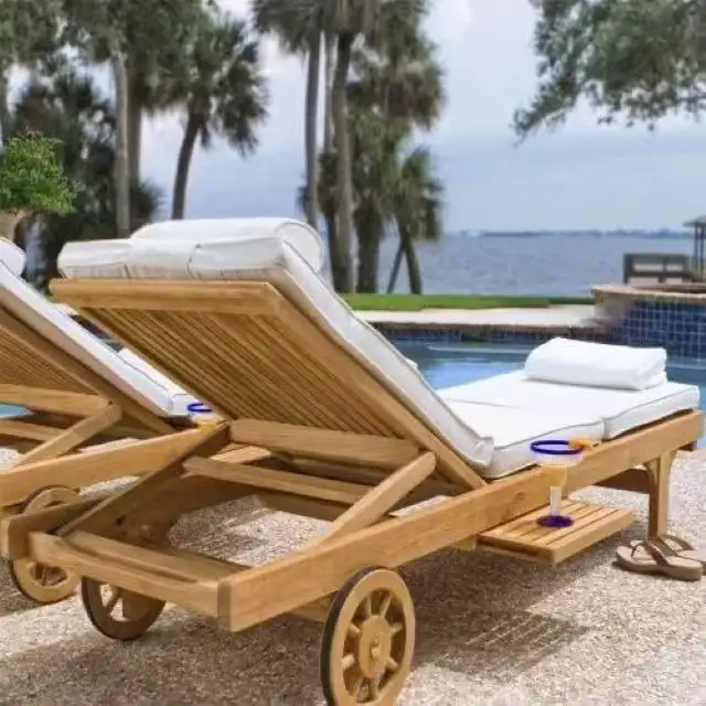سرير للشمس من خشب الساج للحديقة للفنادق ومنتجعات ومسبحات السباحة كرسي استراحة خارجي على الشاطئ