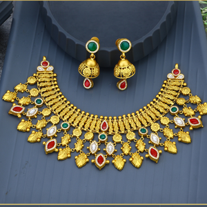 Heer 24K Solid Gold Statement <b>Necklace</b> With <b>Ruby</b> And Emerald Bezel Setting Women's Wedding Jewelry - Product Image 3
