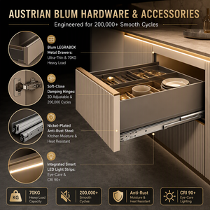Mobili da <span class=keywords><strong>cucina</strong></span> beige con nicchia in legno a doghe, sgabelli da isola con LED, piano in pietra, armadi alti, <span class=keywords><strong>ante</strong></span> a lastra senza maniglie - Product Image 5