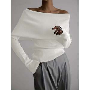 Suéter de un solo hombro con textura acanalada, top blanco para mujer - Product Image 4