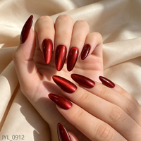 Faux ongles magnétiques réutilisables en amande, effet œil de chat rouge vin, personnalisables en marque blanche pour la vente en gros, qualité salon