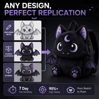 Sac à dos en peluche personnalisé noir motif chauve-souris et chat, sac à dos doux pour enfants et adultes, cadeau OEM ODM