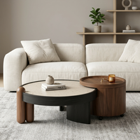 Table basse ronde moderne avec rangement, placage en bois de noyer, plateau en pierre frittée, meubles de salon