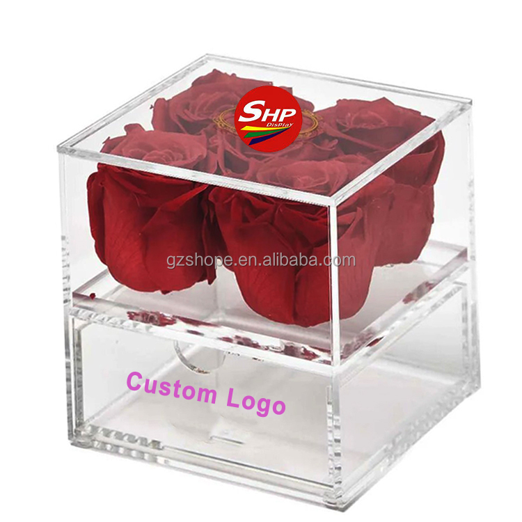 SHP Hot Sale Preserved Flowers Eternal Rose in CD Acrylic Box Romantic Valentine Day Rose Flower Gift Set With Carry Bag Case