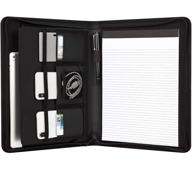 Zippered Padfolio Portfolio Binder, Interview Resume Document Organizer. Internal Holders for IPad/Tablet (up to 13") A4 Leather