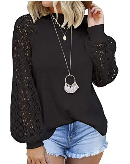 2023 New Fall Clothing Plain Lace Patchwork Loose Puff Sleeve Ladies' Tops Women Casual Loose Blouses T Shirts