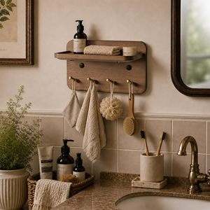 Solid Wood <b>Key</b> Holder <b>Wall</b> Mount 4 Brass <b>Hooks</b> Hidden Magnets 15 Incline Grooved Design Prevents Slipping Vintage Brown - Product Image 2