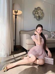 Wholesale Sweet Pink <b>Mini</b> Dress Women Short <b>Lantern</b> Sleeve Jacquard Party Elegant Vintage Coquette Custom Anti-static Breathable - Product Image 2