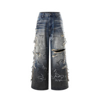 Jean en denim tissé taille mi-haute style graffiti vintage streetwear hip-hop, avec bords bruts et détails troués, ODM, pour toutes les saisons
