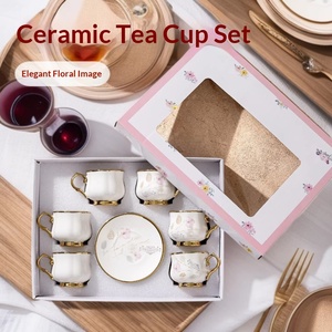 High Grade Bone China Coffee Cup Saucer <b>Set</b> Gold Rim Flower Pattern Gift Box For Home Afternoon <b>Tea</b> Gift - Product Image 2