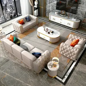 Neue moderne Wohnzimmer High-End-Villa Komplette große Familie Pull Button Light Luxus Leders ofa