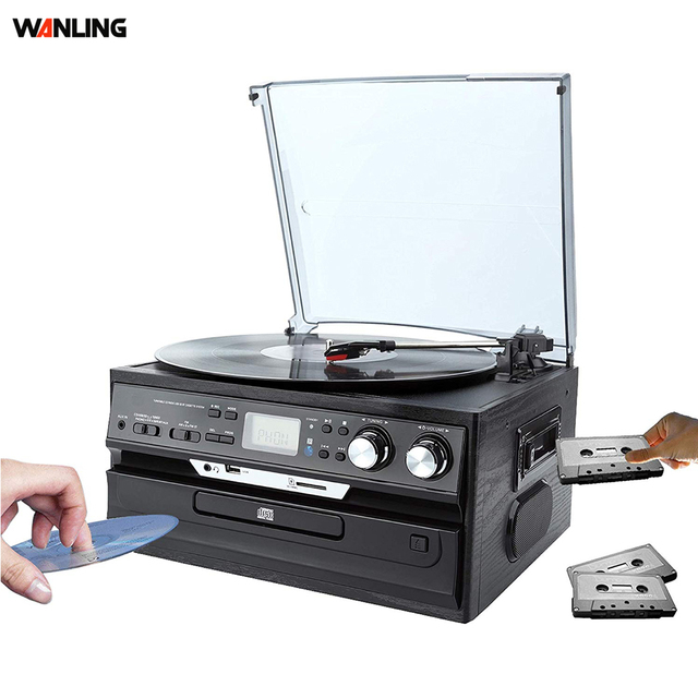 Vintage 6 in 1 Audio Old cd Cassette Turntable Record Player Vinyl Turntable LP AM FM Radio Phonograph Gramophone 3 Speed LP