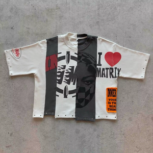 Camiseta de hombre DIHUI con estampado serigrafiado, estilo streetwear, paneles oversize, bloques de color, patchwork, dobladillo irregular, sin decoloración, corte y costura. - Product Image 2