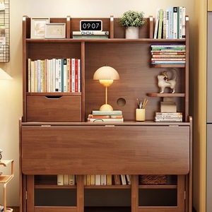 Solid Wood Folding <b>Desk</b> With Bookshelf Extendable Storage Study <b>Desk</b> For Bedroom <b>Small</b> Apartment Computer <b>Desk</b> Simple Office - Product Image 4