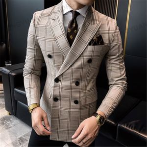 Pabrik pakaian di Cina pria berkancing dua baris setelan pria kotak-kotak bisnis Formal pesta klasik <span class=keywords><strong>Blazer</strong></span> - Product Image 2
