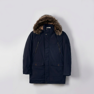 Men's <b>Long</b> Hooded Puffer <b>Jacket</b> With Fur Trim Windproof Winter Coat Solid Color Casual Style Thick Polyester Wadding - Product Image 1