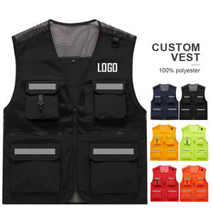 Gilet de pêche multi-poches pour homme en sergé de polyester avec logo brodé, personnalisable OEM, respirant, pour le travail en extérieur, avec fermeture éclair - Product Image 2