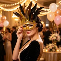 Masque en dentelle dorée métallique à plumes vénitiennes, multicolore en stock pour Halloween et le carnaval