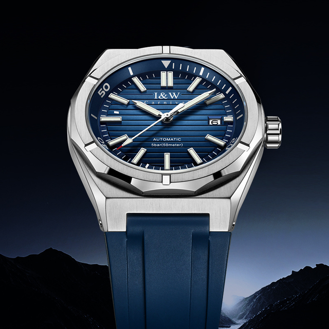 Blue Luxury Diver Mechanical Watches Business Style with Automatic Movement Glass Dial Window and Rubber Band Wholesale