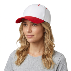 Casquette de baseball 6 panneaux Seekers Traders, coloris blanc et rouge, visière contrastante, style sportif, polyester/coton satiné perlé - Product Image 5