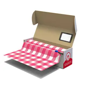 现货一次性可切割红色方格塑料桌布卷，带矩形圆桌用刀盒