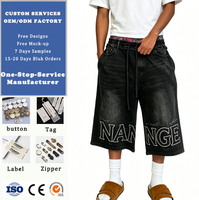 Shorts en jean amples brodés vintage pour homme, style streetwear d'été, noir, longueur longue, fabrication OEM