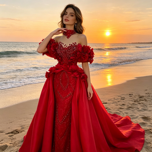 Wine <strong>Red</strong> <strong>Sequined</strong> A-Line Floral Shoulder Two-Piece Evening Dresses Crystals Formal Long Prom 2026 Customized Night Party Robe - Product Image 3