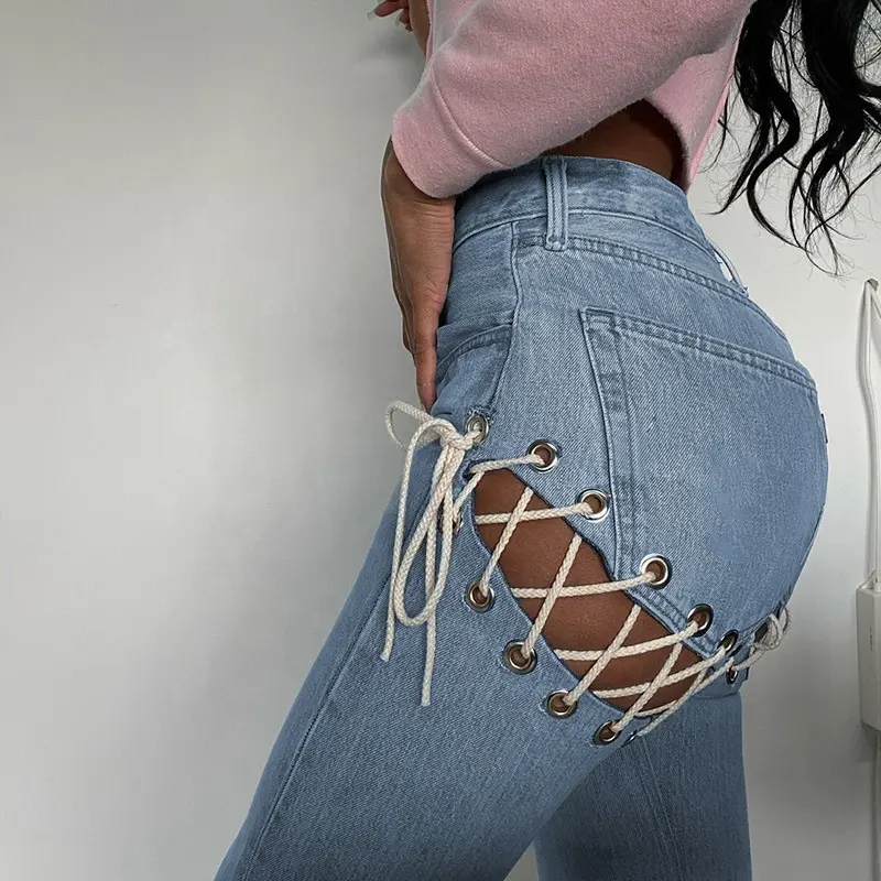 New Stylish Hollow Out Blue Ripped Jeans Fashion Sexy High Waisted Drawstring Denim Pants for Women and Ladies