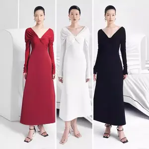 High Quality Solid Show Party Women's Dresses Elegant Fashion Women's Clothing 2024 New Pleated V-neck High Waist Long Dress